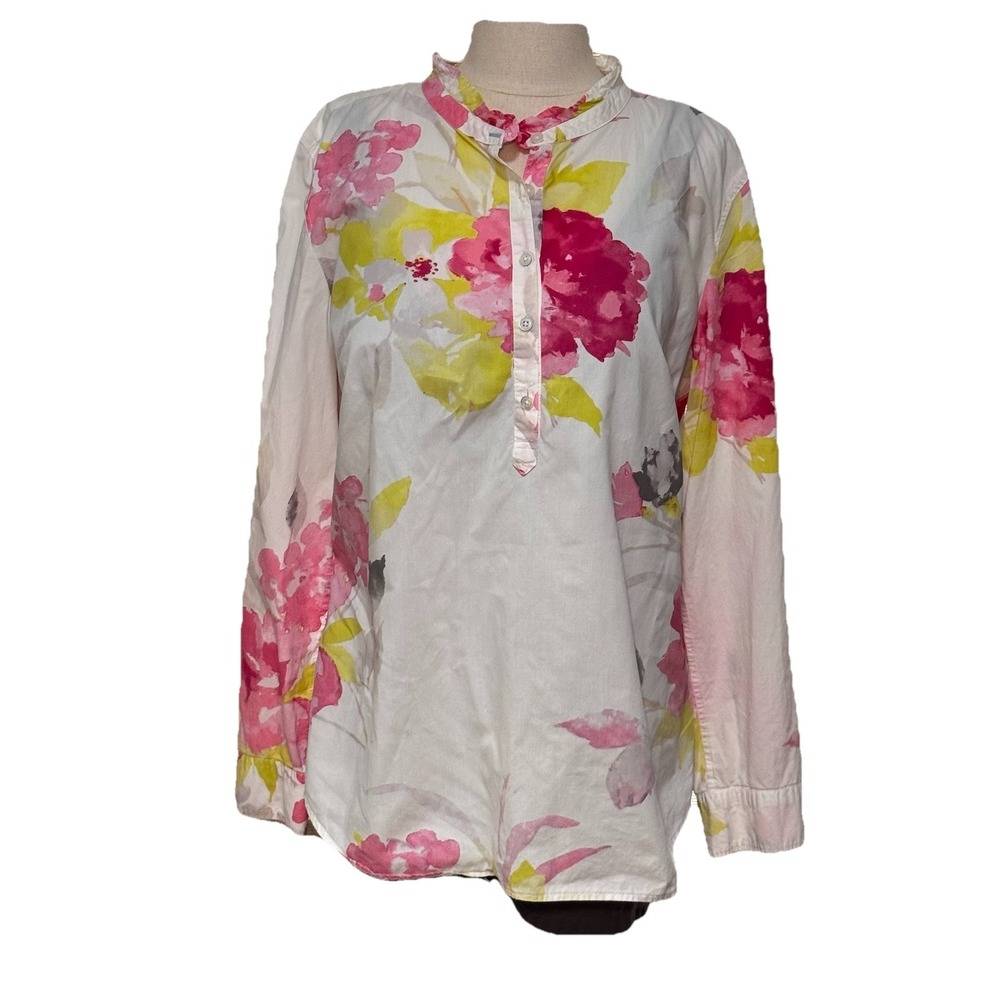 Talbots Blouse Womens Large Multicolor Floral Ruffle Neck Long Sleeve Cotton